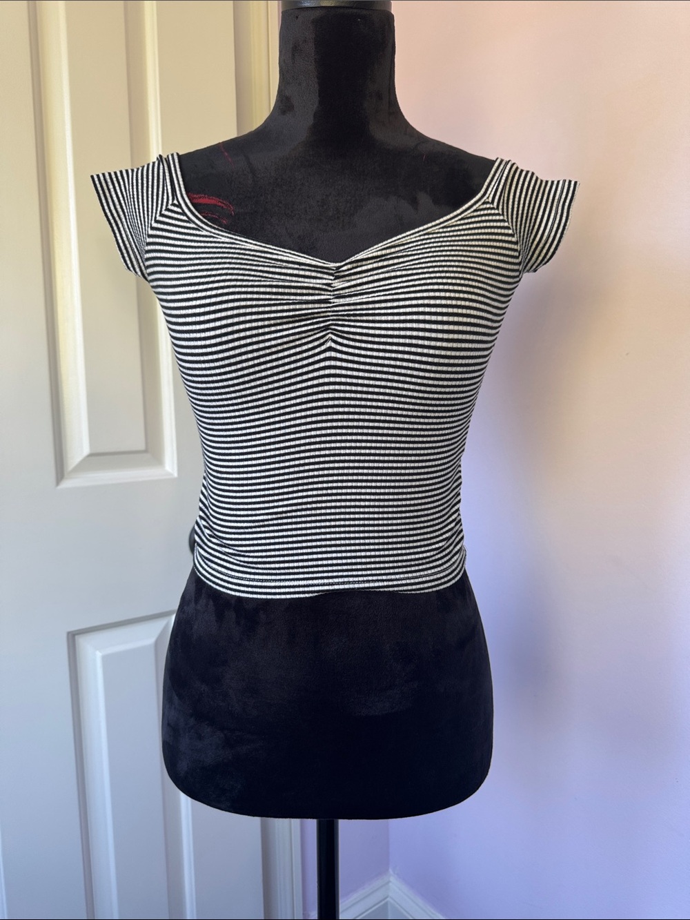Black & White Striped Ruched Fitted Top